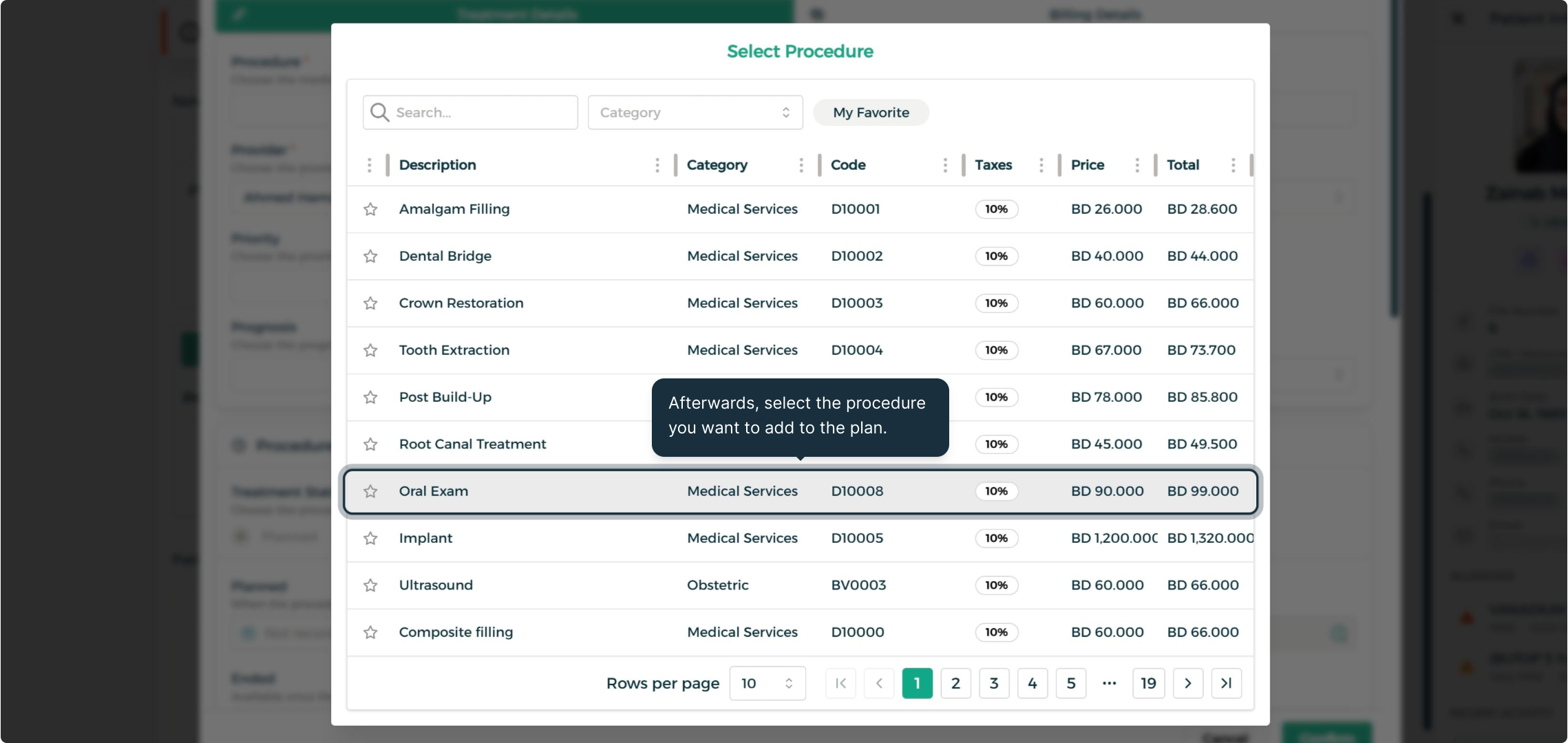 Select a procedure from the catalogue