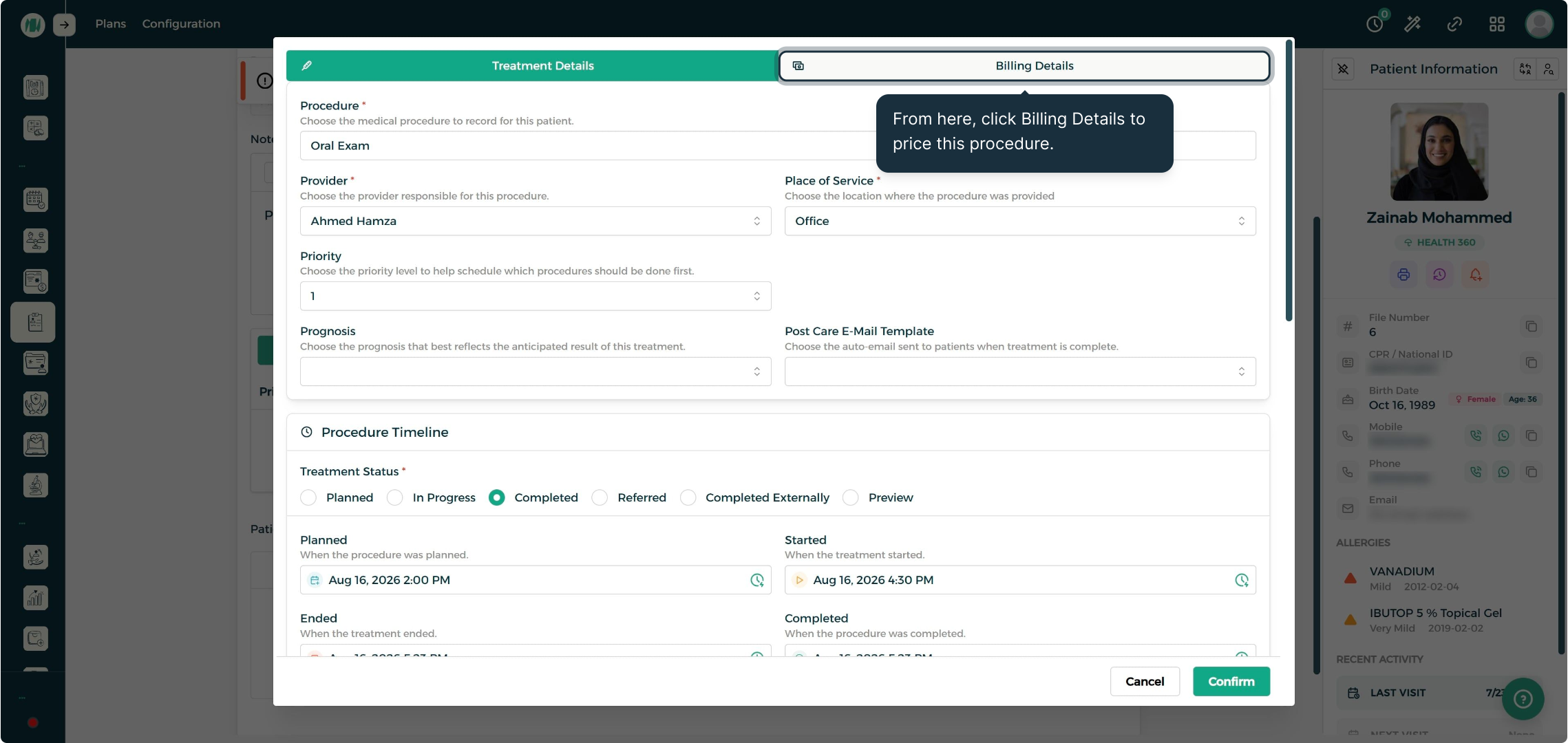Open the billing details tab